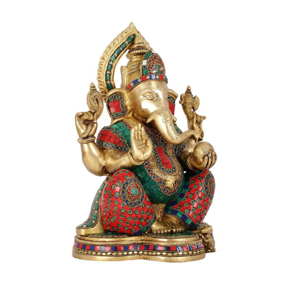 Brass Ganesha Idol with Stonework | Height 15 inch