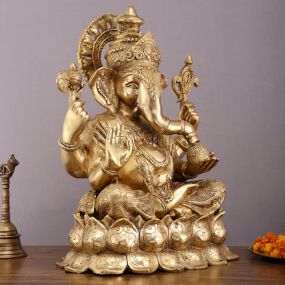 Handcrafted Brass Large Mangalkari Ganapati on Lotus Throne - 22" Statue