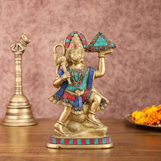 Pure Brass Hanuman Carrying Sanjeevani Mountain with Stonework | 9 Inch Height