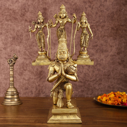 Pure Brass Large Lord Hanuman Carrying Rama, Lakshman, and Sita | Unique Ram Darbar Idol 18 inch