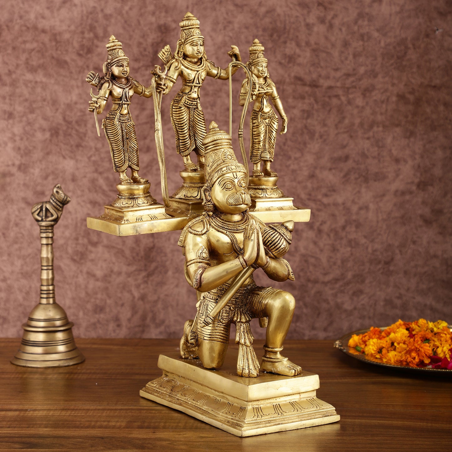 Pure Brass Large Lord Hanuman Carrying Rama, Lakshman, and Sita | Unique Ram Darbar Idol 18 inch