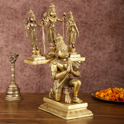 Pure Brass Large Lord Hanuman Carrying Rama, Lakshman, and Sita | Unique Ram Darbar Idol 18 inch