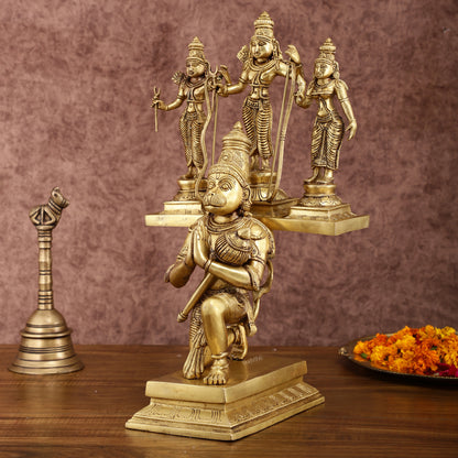 Pure Brass Large Lord Hanuman Carrying Rama, Lakshman, and Sita | Unique Ram Darbar Idol 18 inch