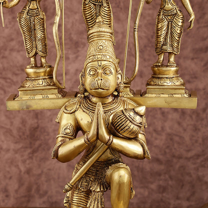 Pure Brass Large Lord Hanuman Carrying Rama, Lakshman, and Sita | Unique Ram Darbar Idol 18 inch