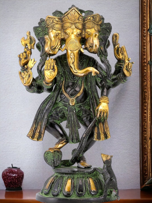 Brass Dancing Panchmukhi Ganesha with 5 heads Statue - 15 Inches
