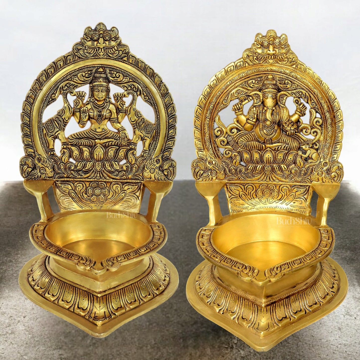 Brass Large-Sized Ganesha and Lakshmi Lamps - 17 Inch