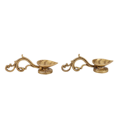 Brass leaf aarti diya with handle pair