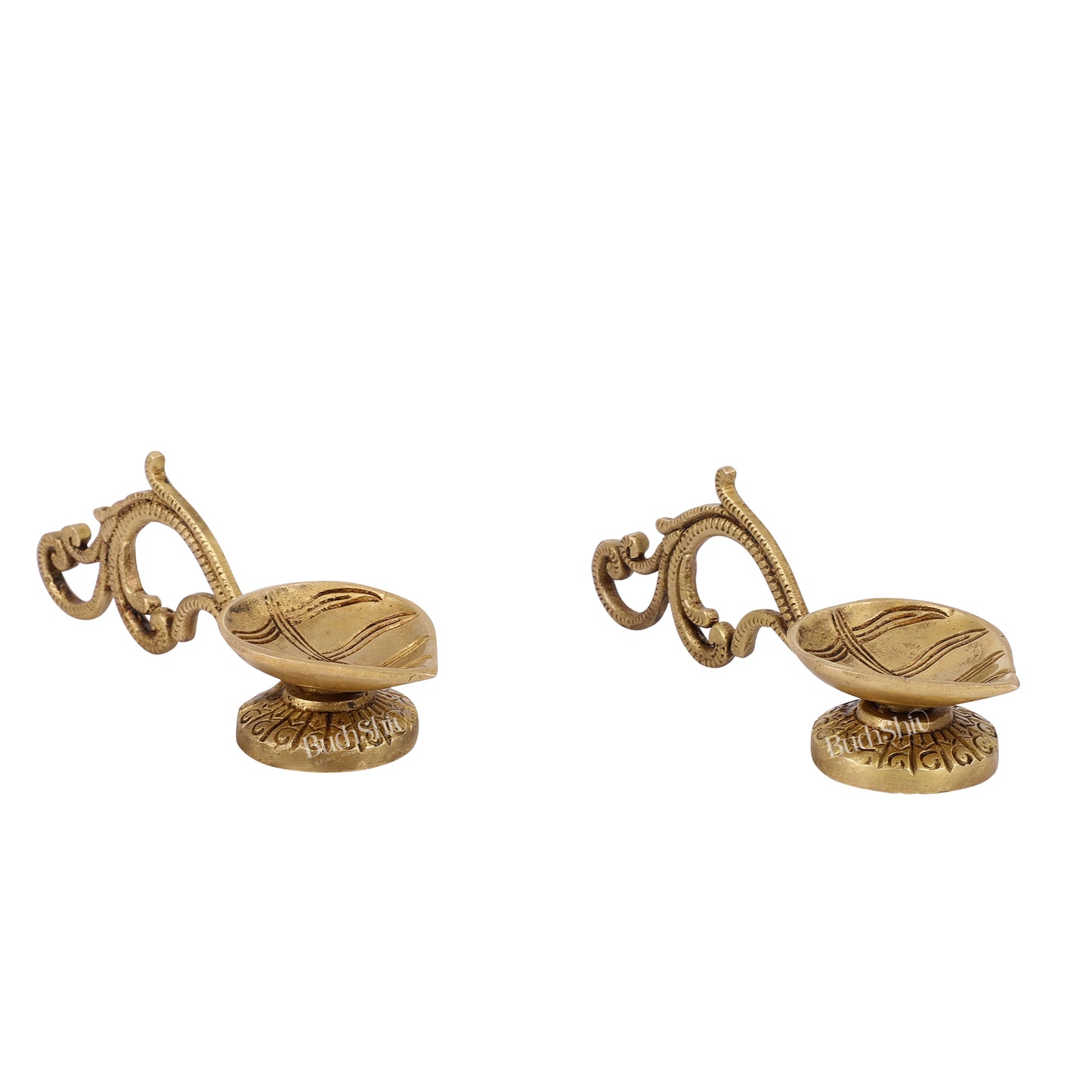 Brass leaf aarti diya with handle pair