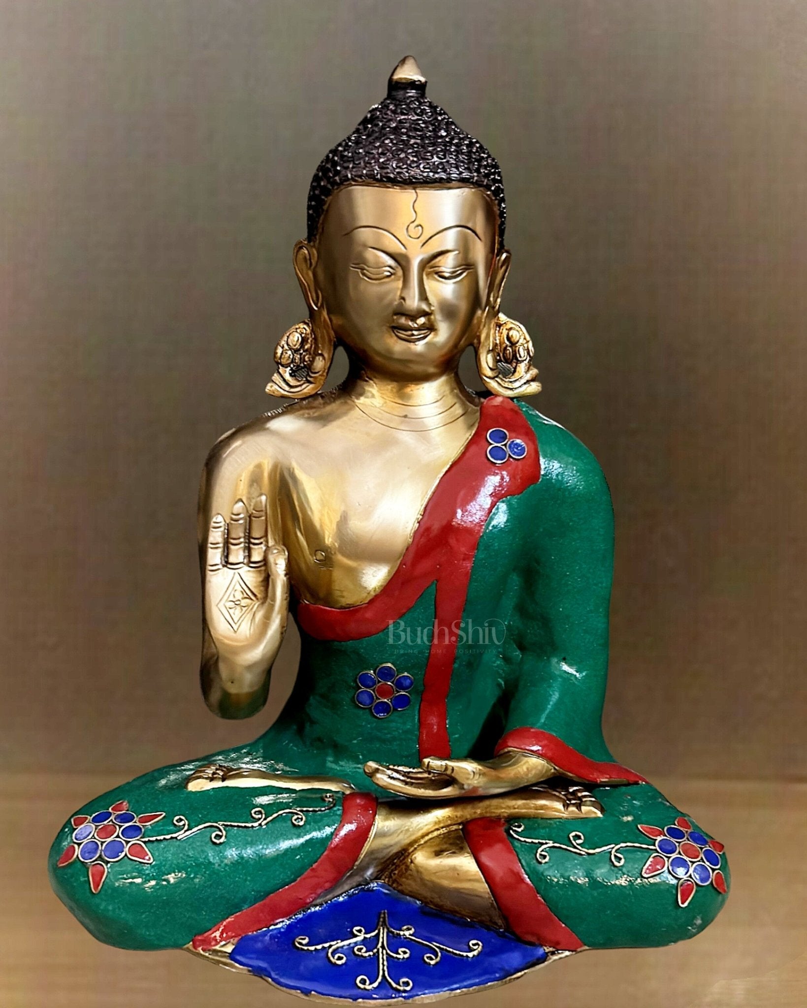 Aashirwaad Brass Buddha Idol with Meenakari Stonework 12" - Budhshiv.com