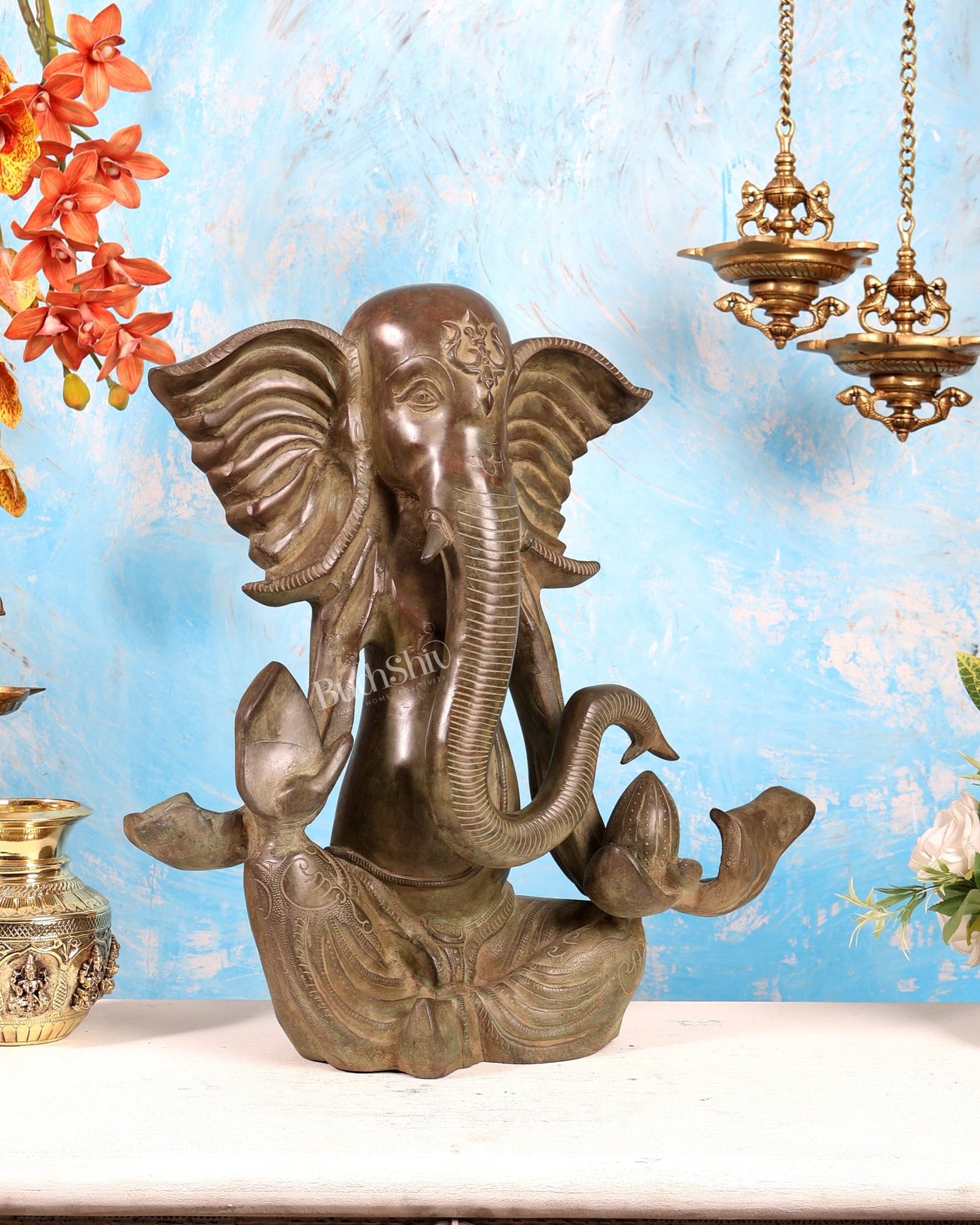Abstract Modern Ganesha Statue – 19.5 Inch Vintage Patina Brass Statement Artifact - Budhshiv.com