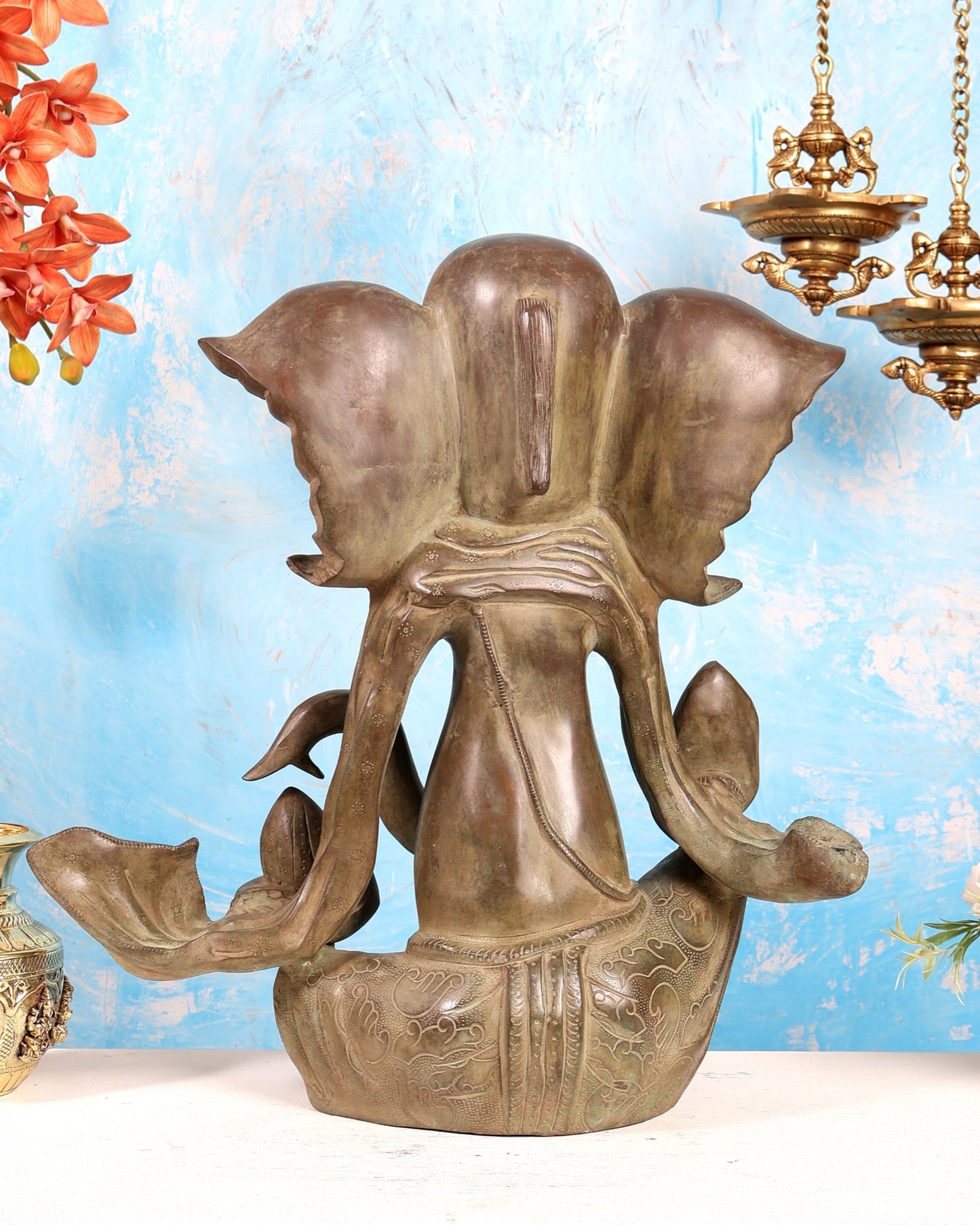 Abstract Modern Ganesha Statue – 19.5 Inch Vintage Patina Brass Statement Artifact - Budhshiv.com