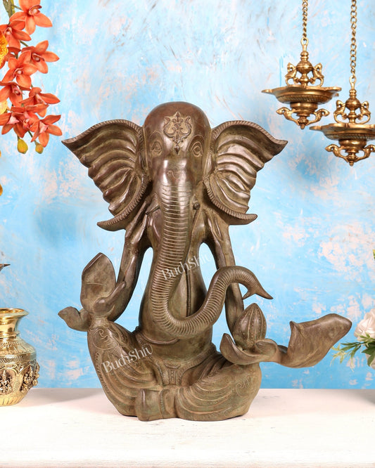 Abstract Modern Ganesha Statue – 19.5 Inch Vintage Patina Brass Statement Artifact - Budhshiv.com