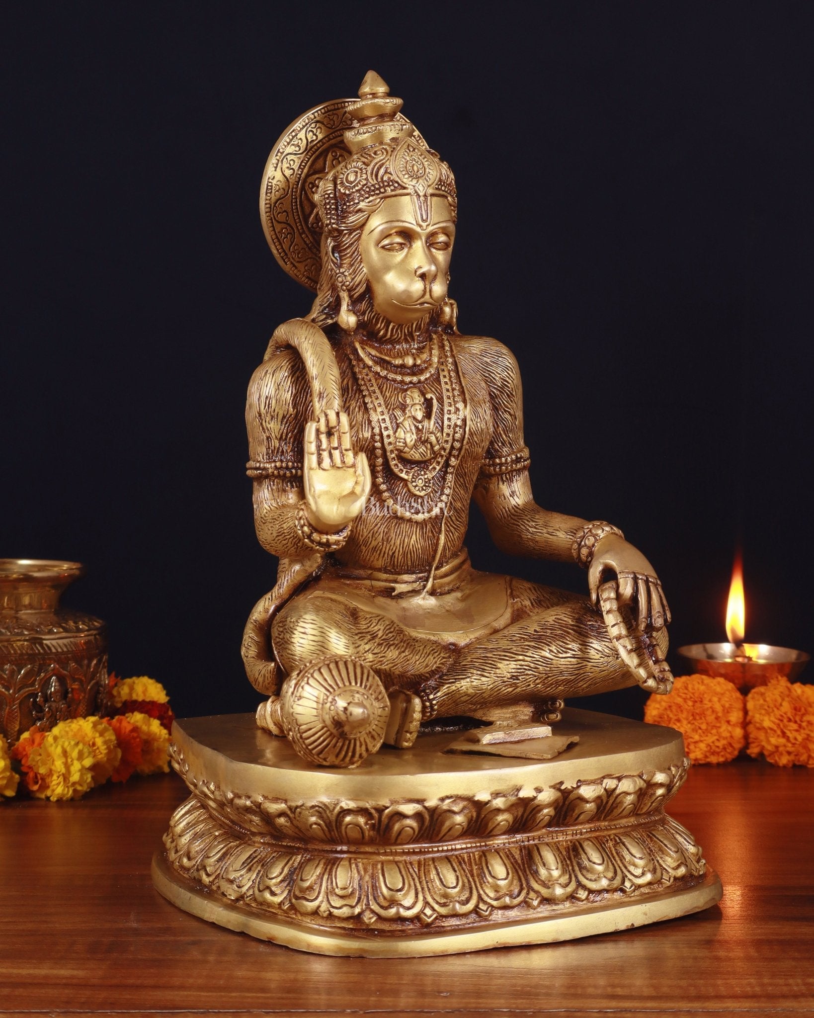 Adorable Pure Brass Blessing Hanuman Idol - 14" - Budhshiv.com