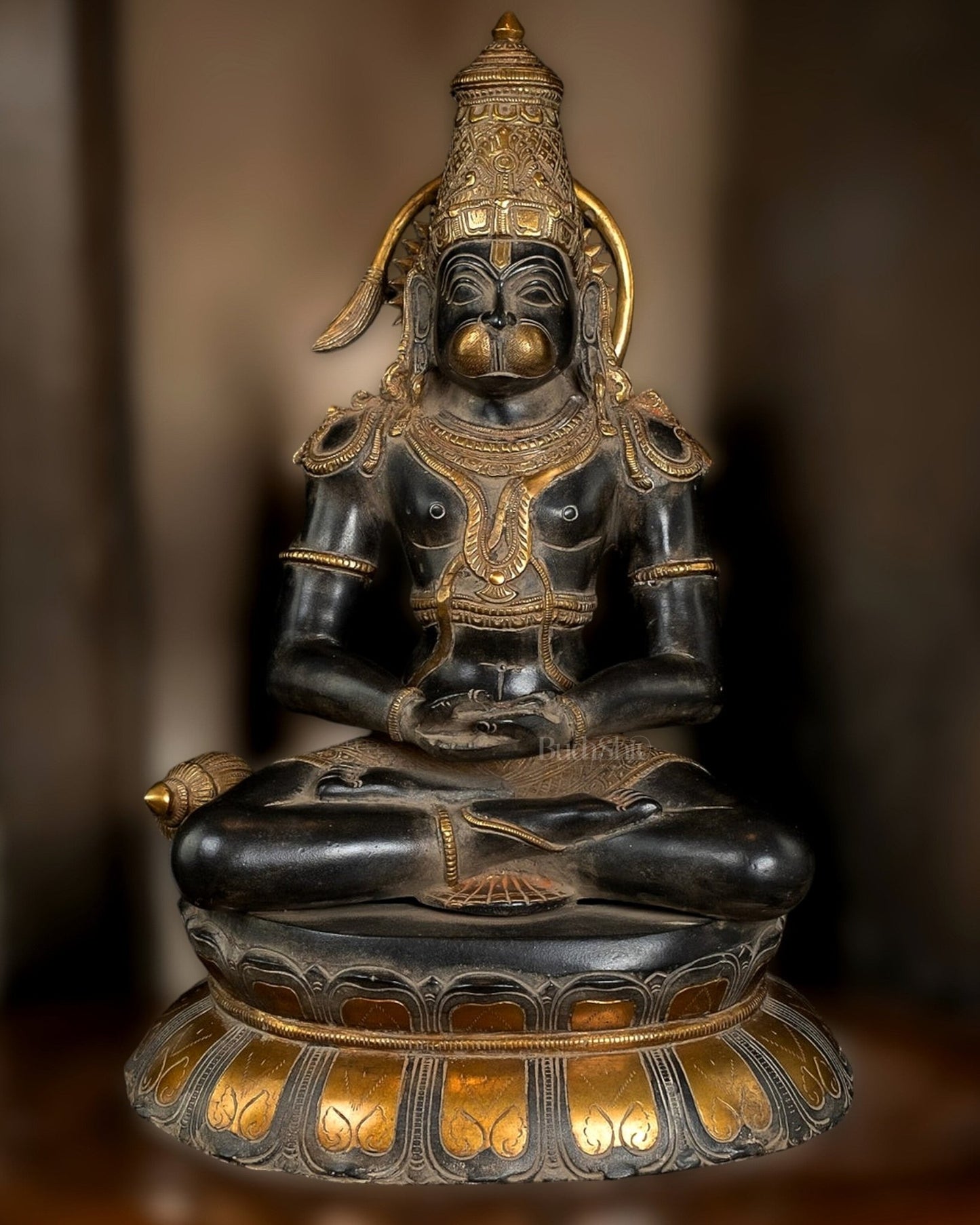 Antique Black and Gold Brass Hanuman Sculpture – 16" Meditation Statue - Budhshiv.com