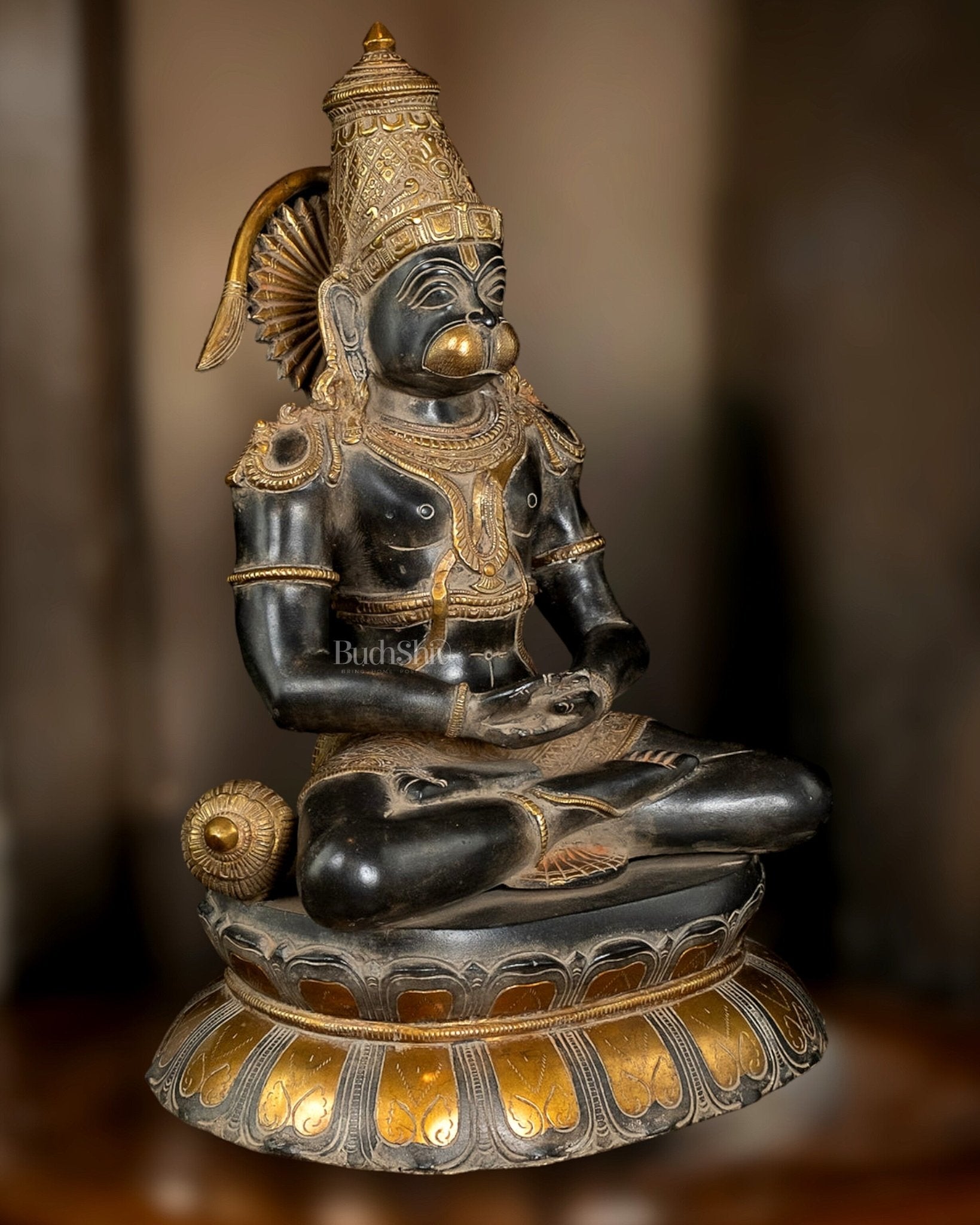 Antique Black and Gold Brass Hanuman Sculpture – 16" Meditation Statue - Budhshiv.com
