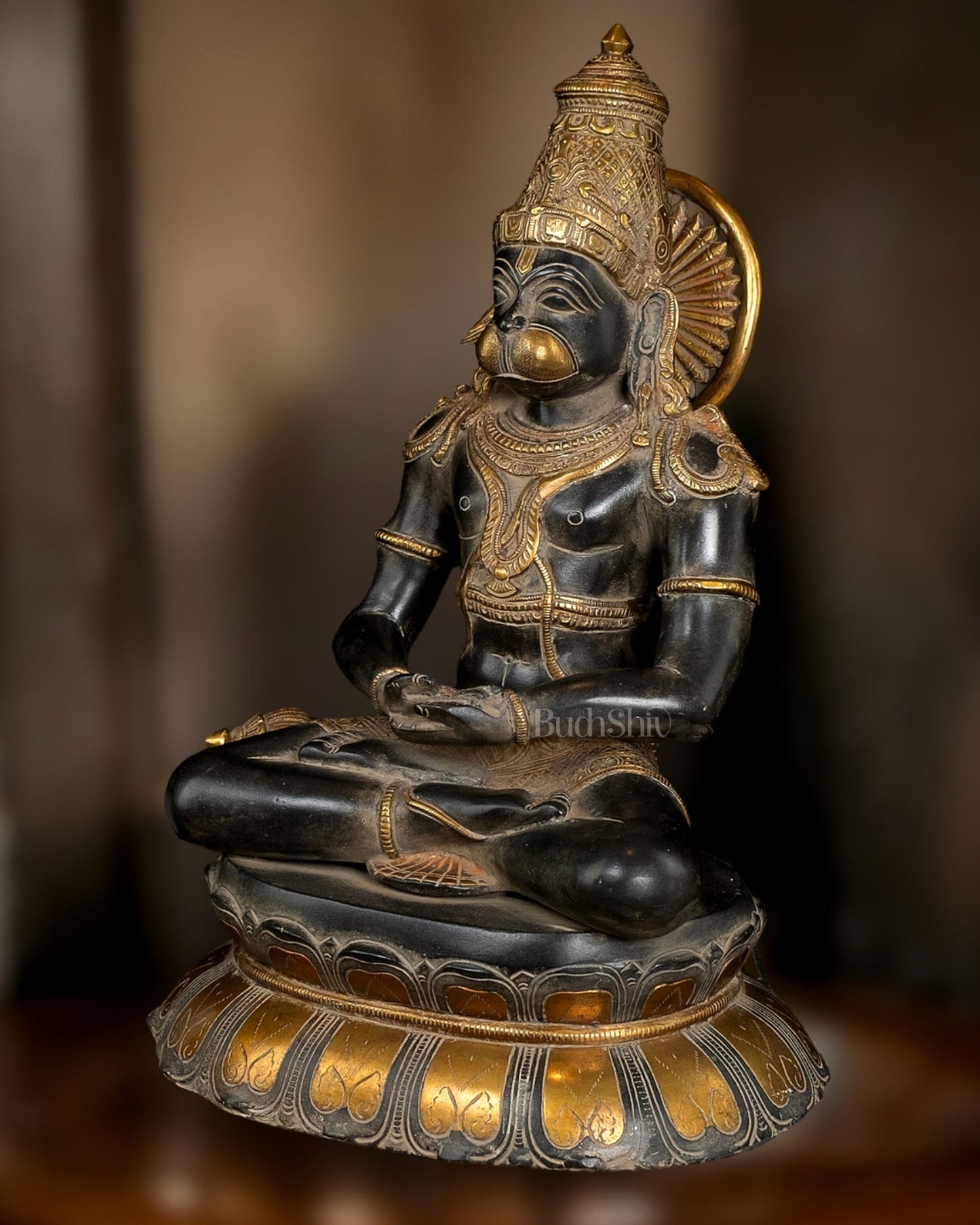 Antique Black and Gold Brass Hanuman Sculpture – 16" Meditation Statue - Budhshiv.com