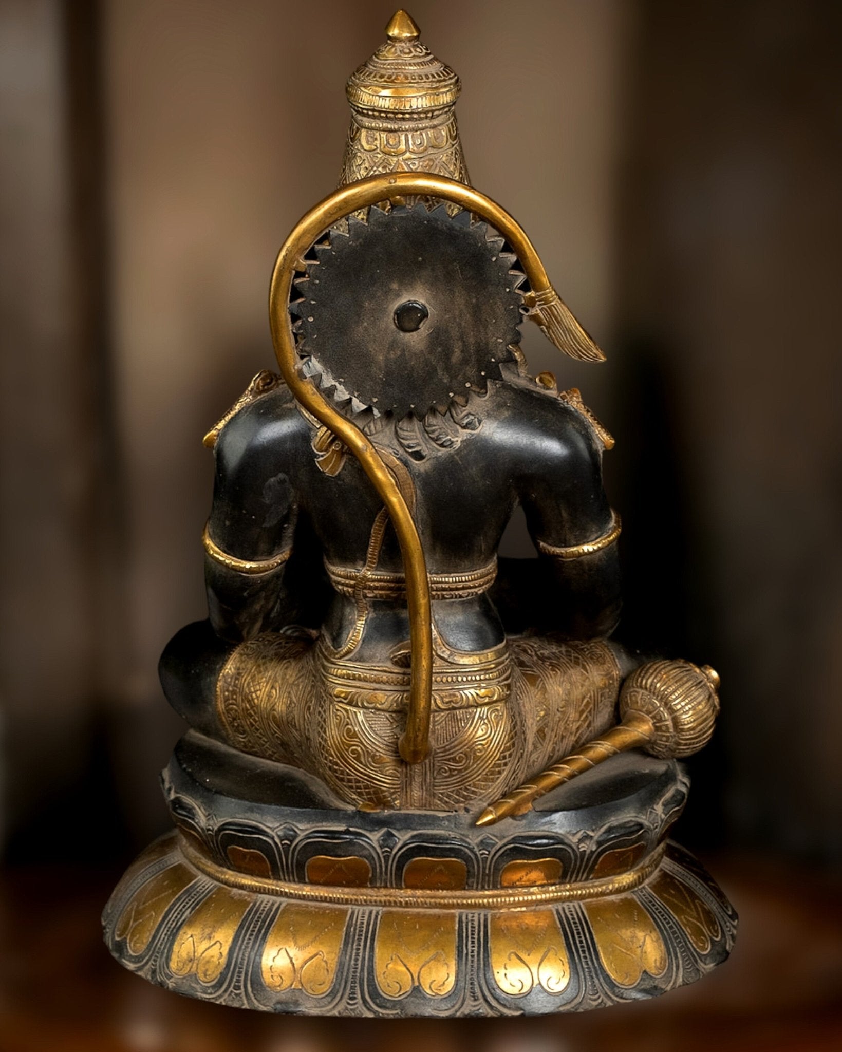 Antique Black and Gold Brass Hanuman Sculpture – 16" Meditation Statue - Budhshiv.com