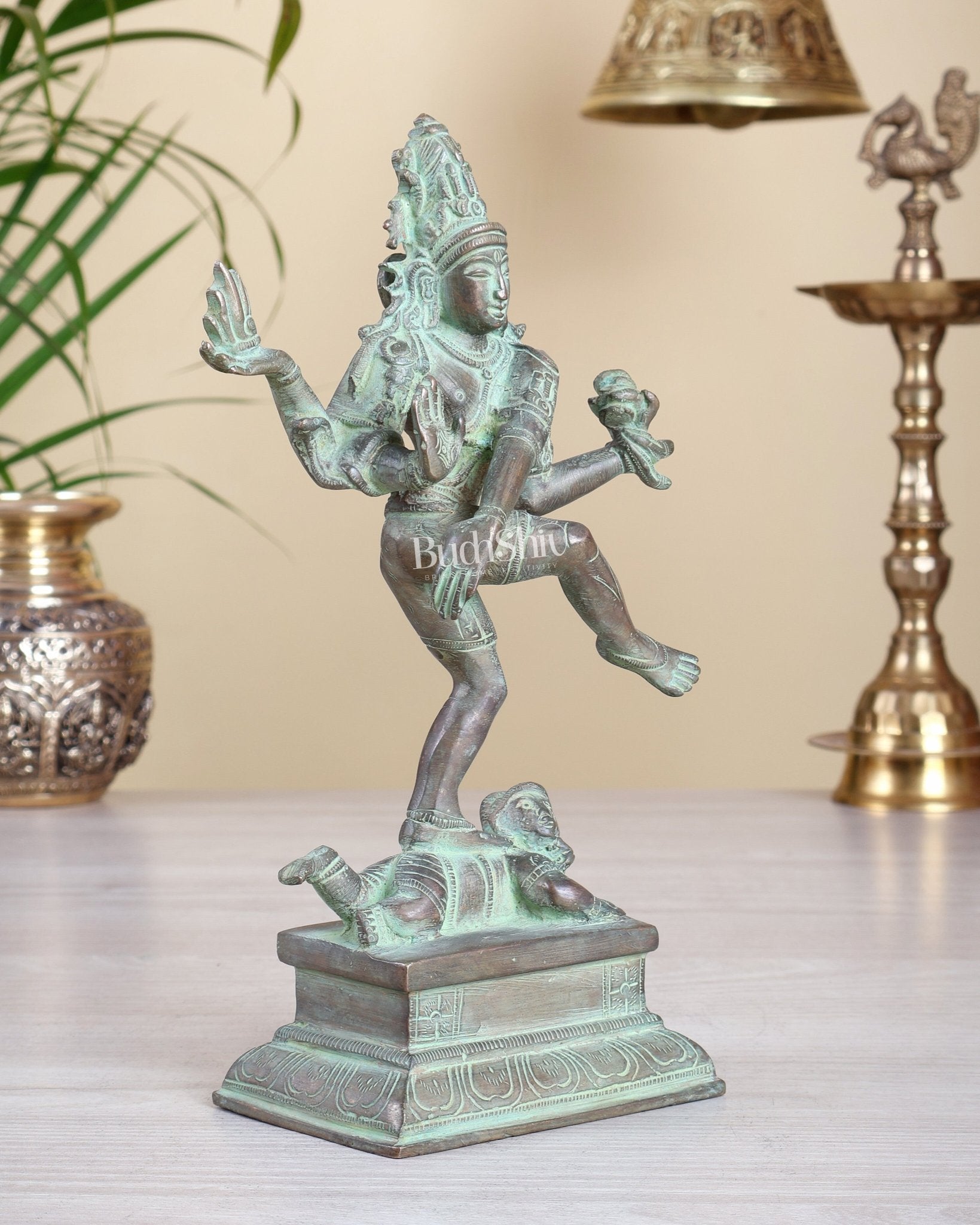 Antique Brass Dancing Shiva Idol | Unique Pose with green patina finish 10" - Budhshiv.com
