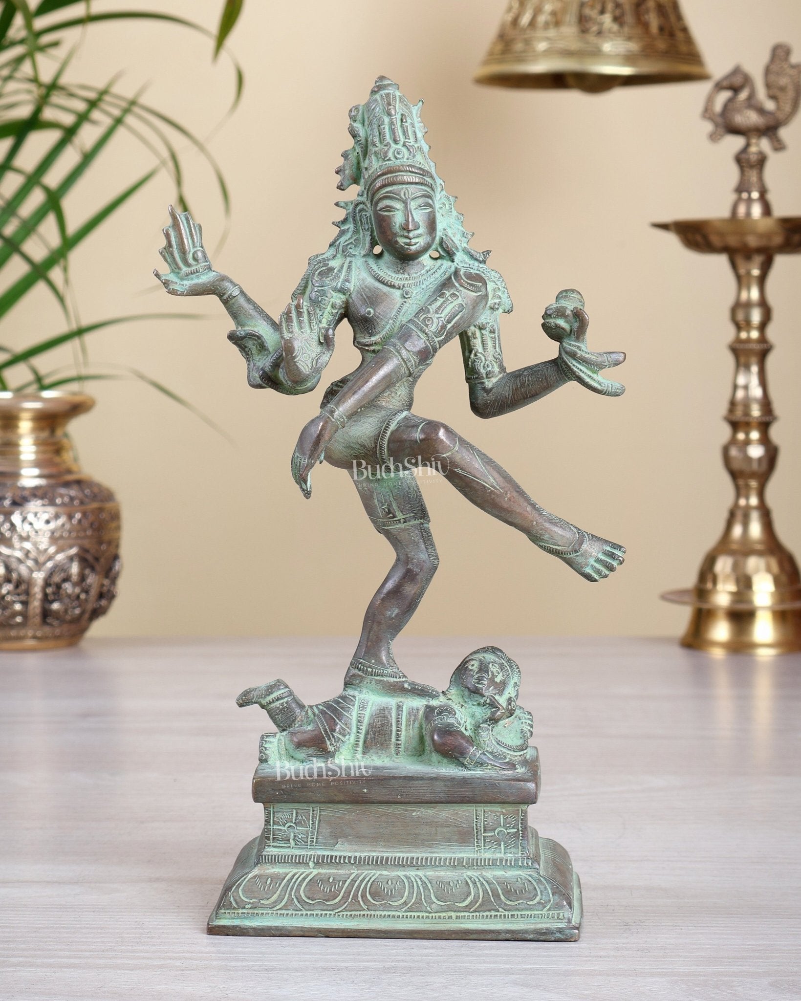 Antique Brass Dancing Shiva Idol | Unique Pose with green patina finish 10" - Budhshiv.com