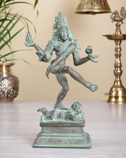 Antique Brass Dancing Shiva Idol | Unique Pose with green patina finish 10" - Budhshiv.com