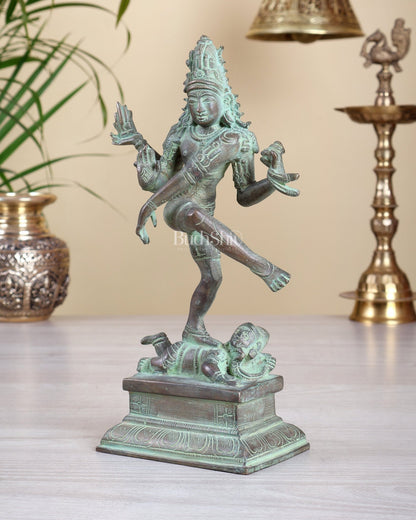 Antique Brass Dancing Shiva Idol | Unique Pose with green patina finish 10" - Budhshiv.com