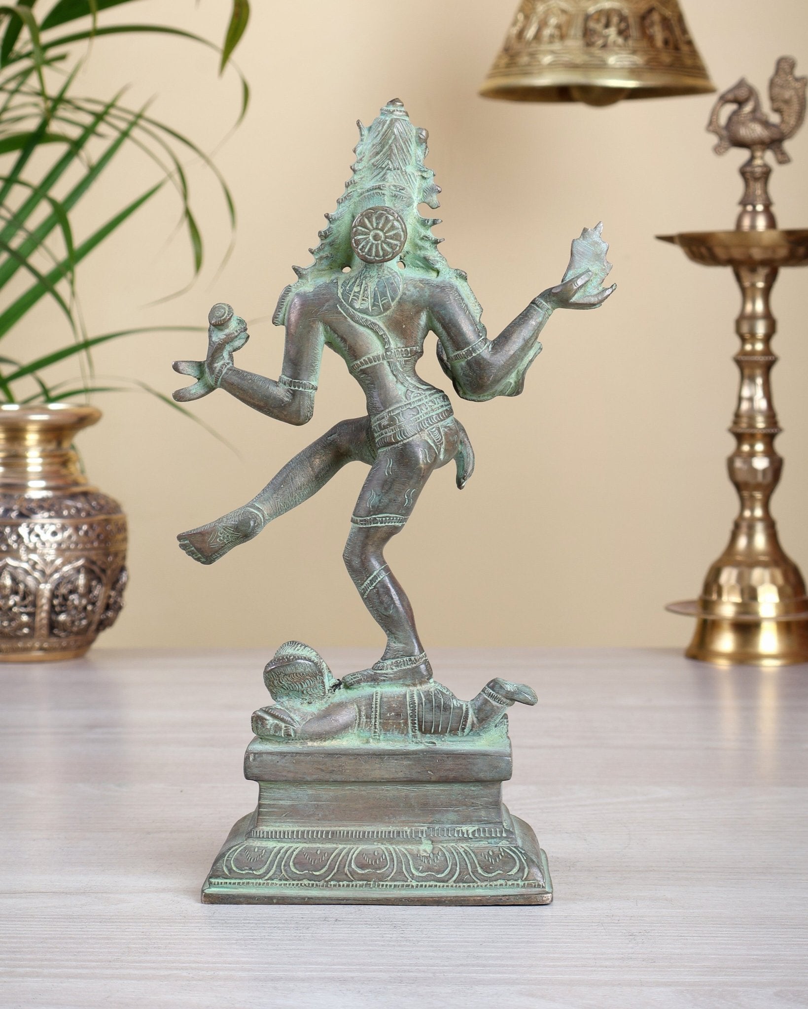 Antique Brass Dancing Shiva Idol | Unique Pose with green patina finish 10" - Budhshiv.com