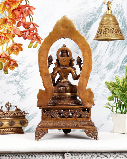 Antique Brass Goddess Lakshmi on Singhasan with Two Elephants – Grand Divine Prosperity Sculpture (20.5 Inches) - Budhshiv.com