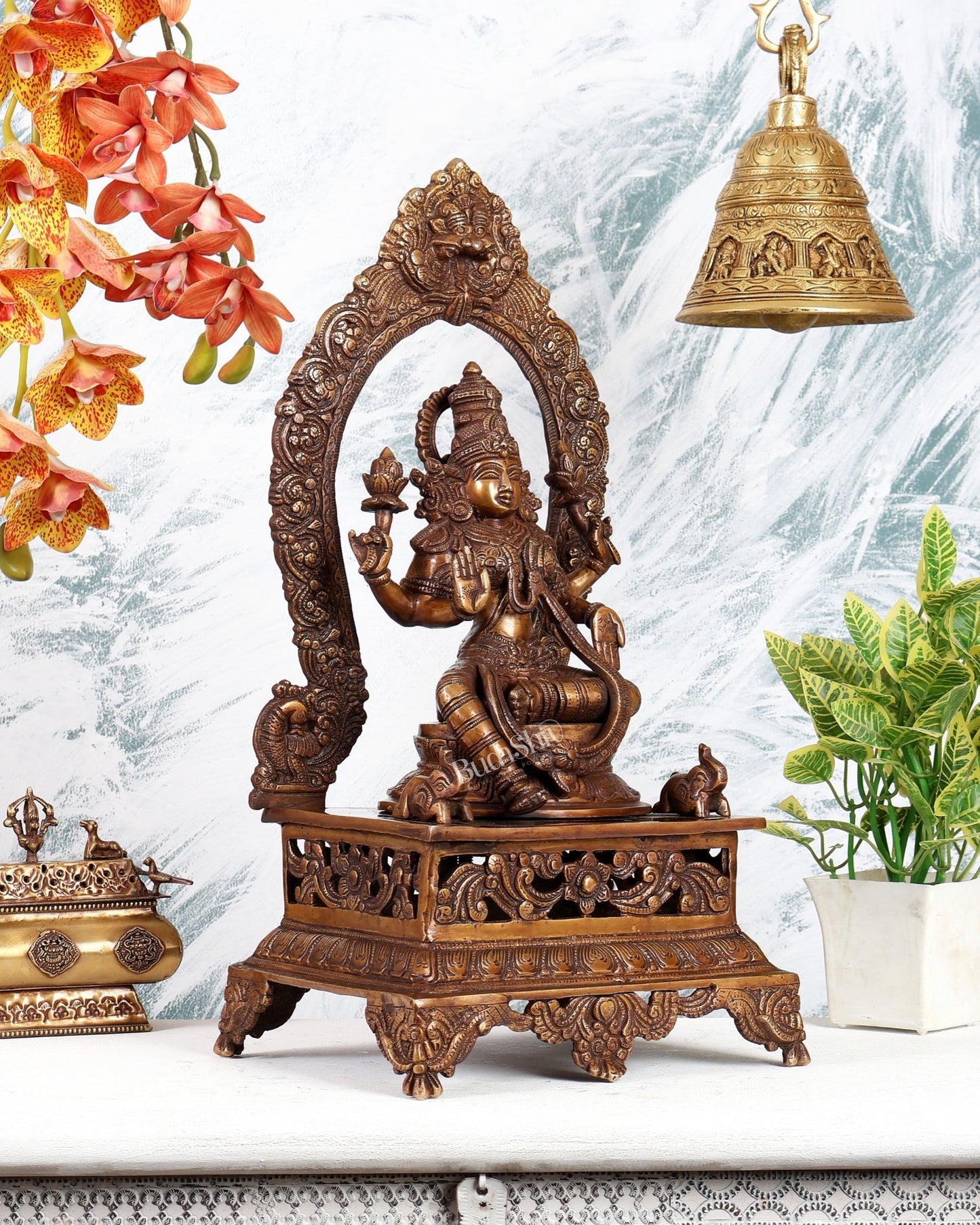 Antique Brass Goddess Lakshmi on Singhasan with Two Elephants – Grand Divine Prosperity Sculpture (20.5 Inches) - Budhshiv.com