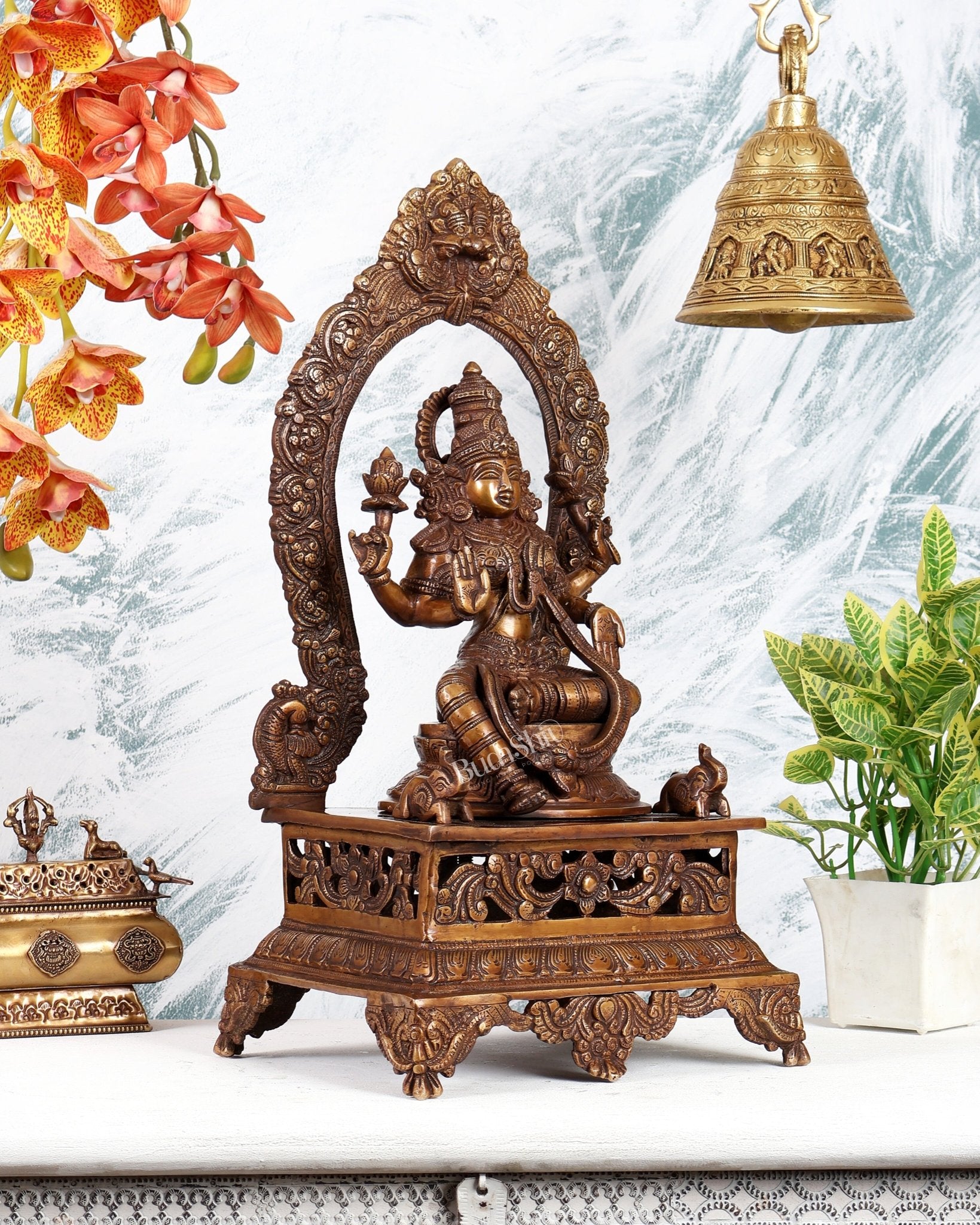 Antique Brass Goddess Lakshmi on Singhasan with Two Elephants – Grand Divine Prosperity Sculpture (20.5 Inches) - Budhshiv.com