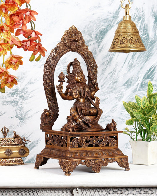 Antique Brass Goddess Lakshmi on Singhasan with Two Elephants – Grand Divine Prosperity Sculpture (20.5 Inches) - Budhshiv.com