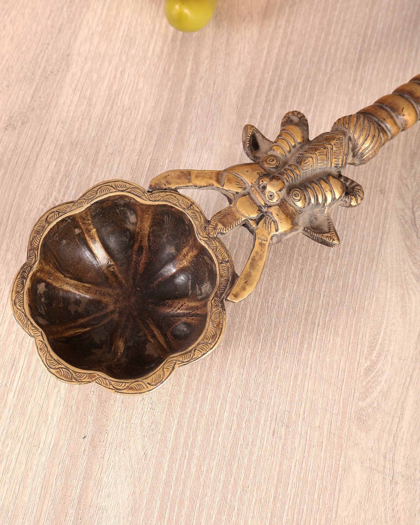 Antique Brass Krishna Kaliya Naag Havan Spoon – Kirtimukha Yagna Ladle - Budhshiv.com