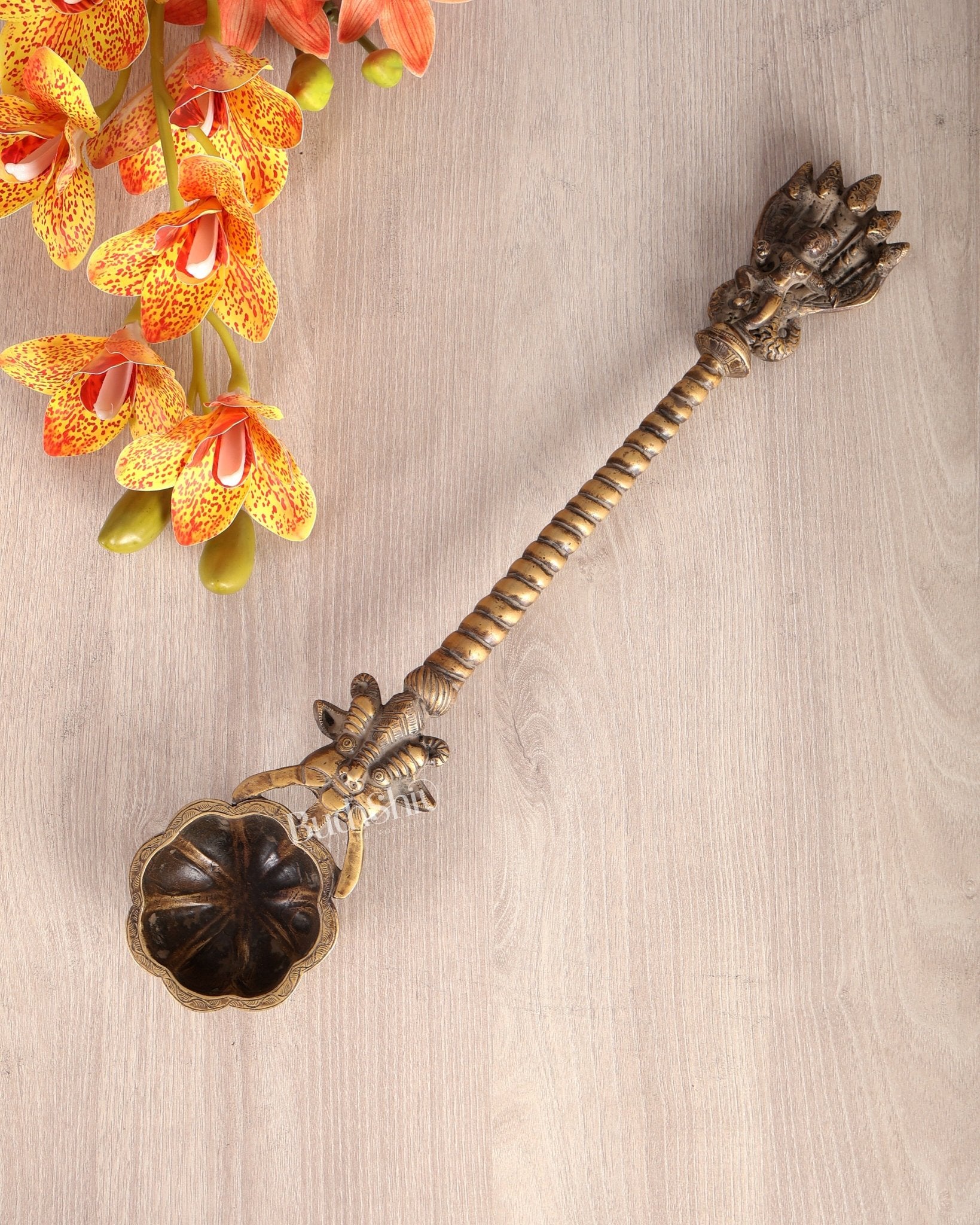 Antique Brass Krishna Kaliya Naag Havan Spoon – Kirtimukha Yagna Ladle - Budhshiv.com