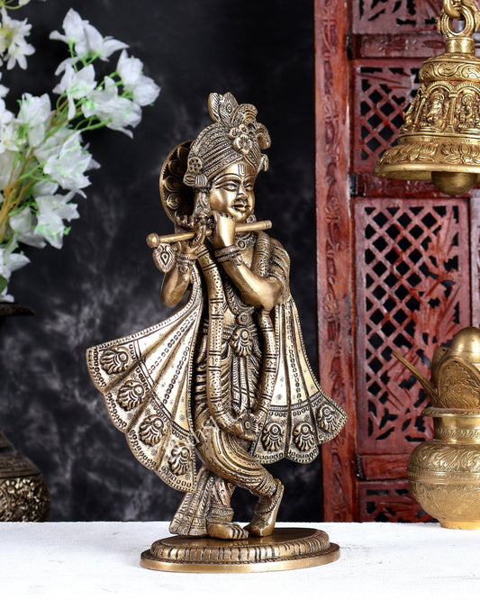 Antique Brass Lord Krishna Statue – Handcrafted Divine Sculpture 14.5 inch - Budhshiv.com