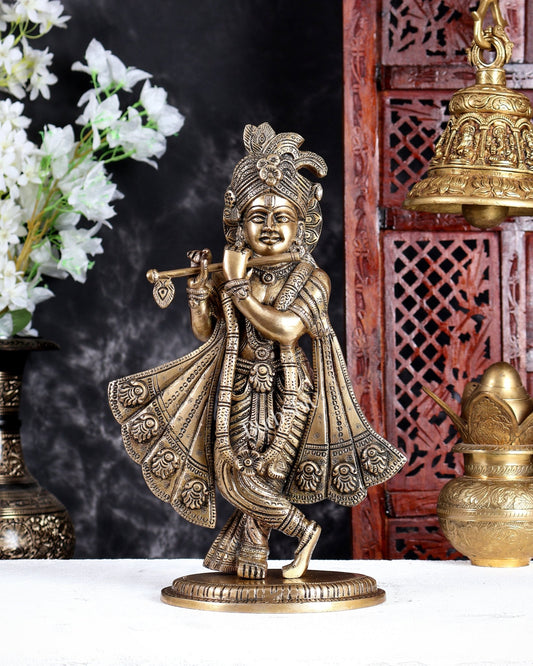 Antique Brass Lord Krishna Statue – Handcrafted Divine Sculpture 14.5 inch - Budhshiv.com