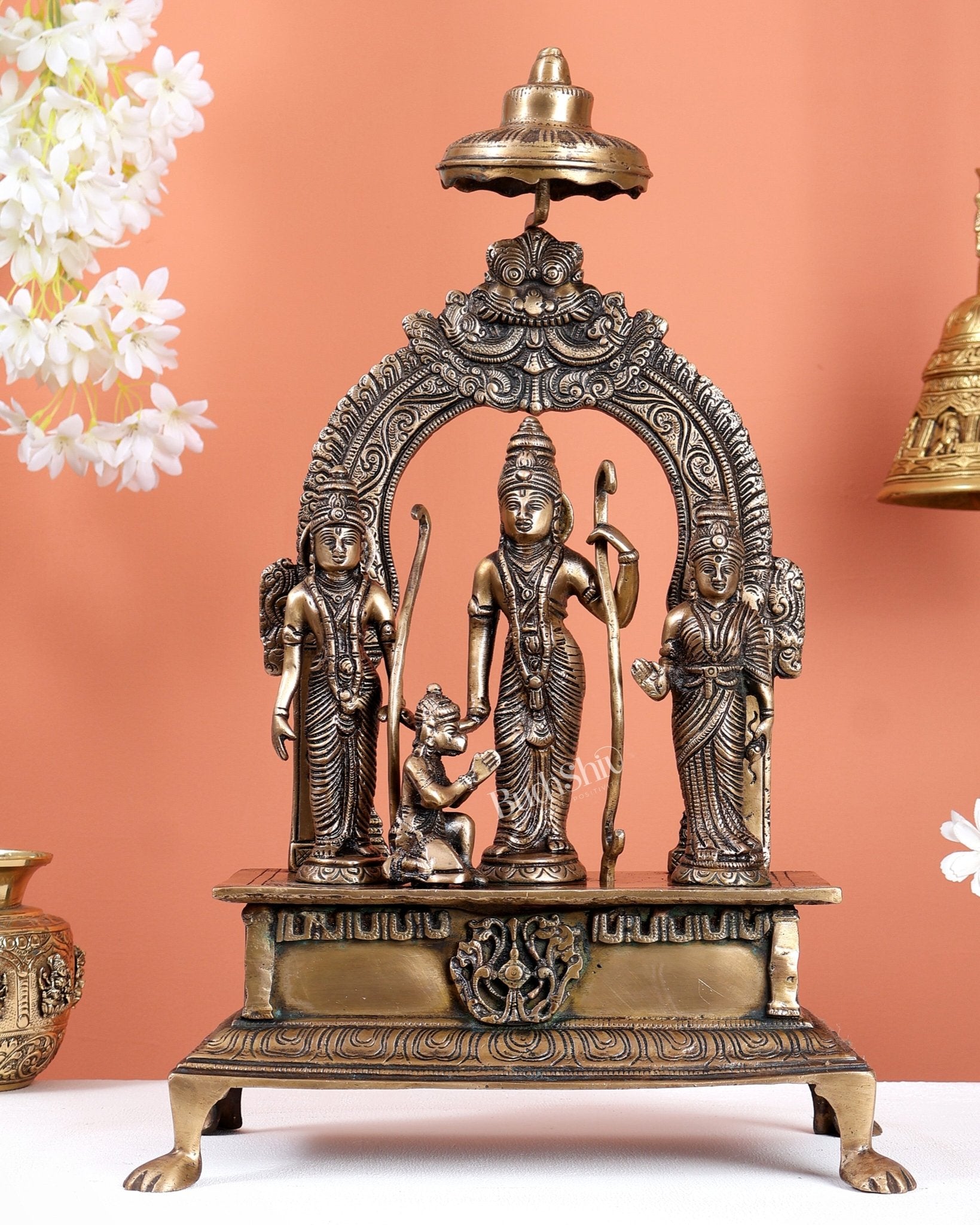 Antique Brass Ram Darbar Statue with Chattar – Divine Royal Family Sculpture (16 Inches) - Budhshiv.com