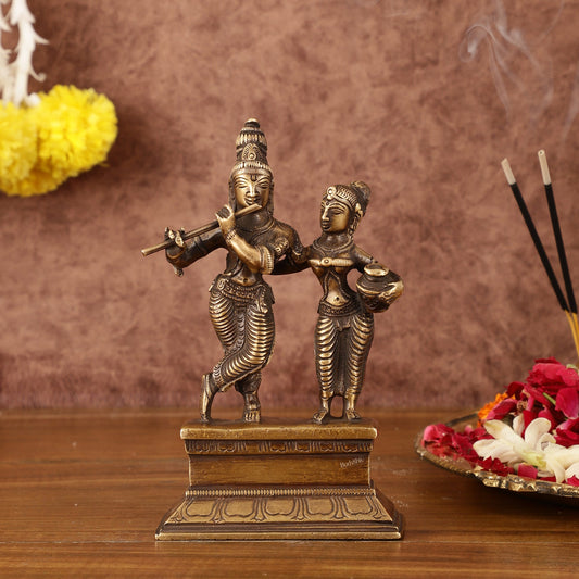 Antique Brass Small Radha Krishna Idol - 6.5" Tall - Budhshiv.com