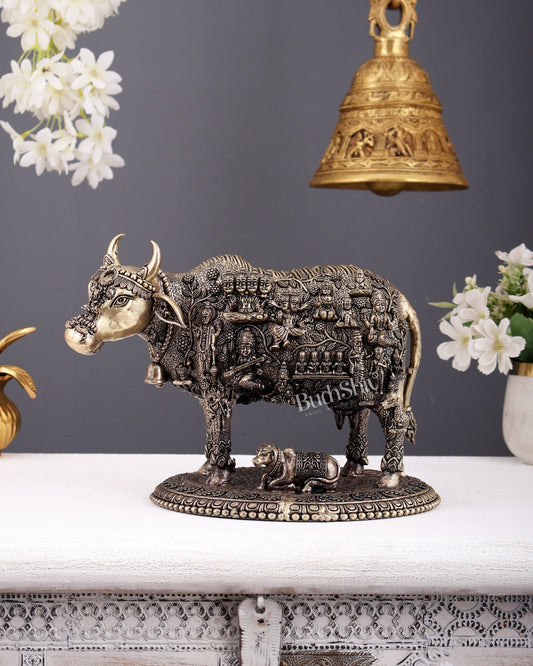 Antique Brass Superfine Kamdhenu Cow with Calf – Engraved Divine Vastu Showpiece (10 Inches) - Budhshiv.com