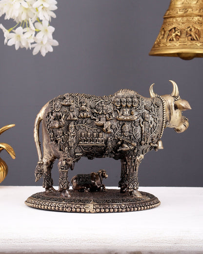 Antique Brass Superfine Kamdhenu Cow with Calf – Engraved Divine Vastu Showpiece (10 Inches) - Budhshiv.com