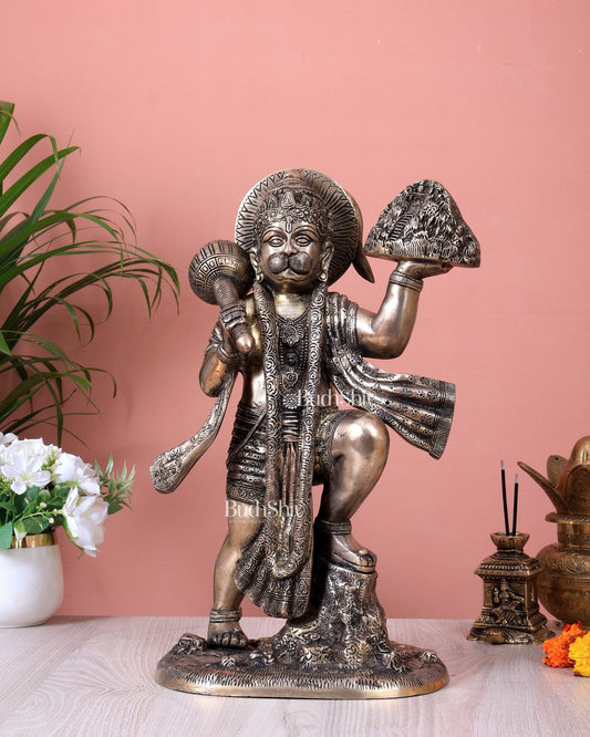 Antique Brass Superfine Sanjeevani Hanuman Statue | Lord Hanuman Carrying Mountain Idol (15.3 Inch) - Budhshiv.com