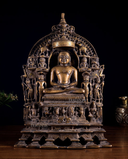 Antique Bronze Mahavir Ji with Jain Tirthankaras | Rustic Handcrafted Sculpture 16 inch - Budhshiv.com