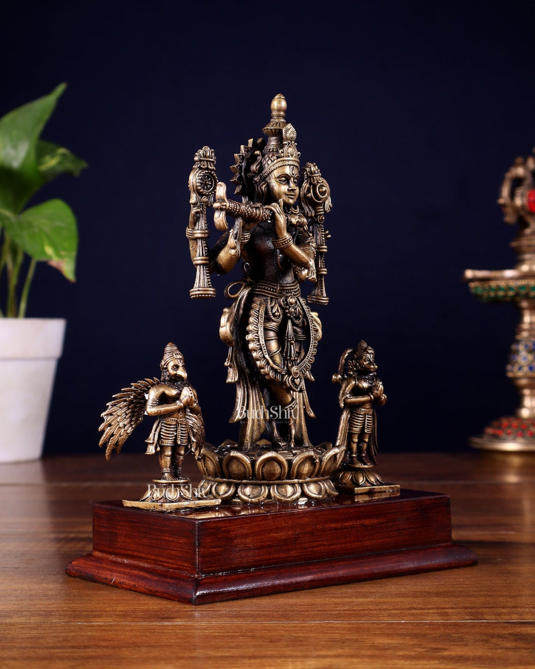 Bronze Vishnu Roopam Krishna with Hanuman & Garuda – 7 Inch – Budhshiv.com