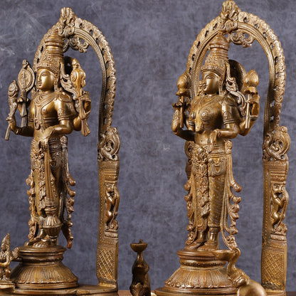 Antique Chola Style Pure Brass Lord Vishnu and Goddess Lakshmi Statues | 16 inch - Budhshiv.com