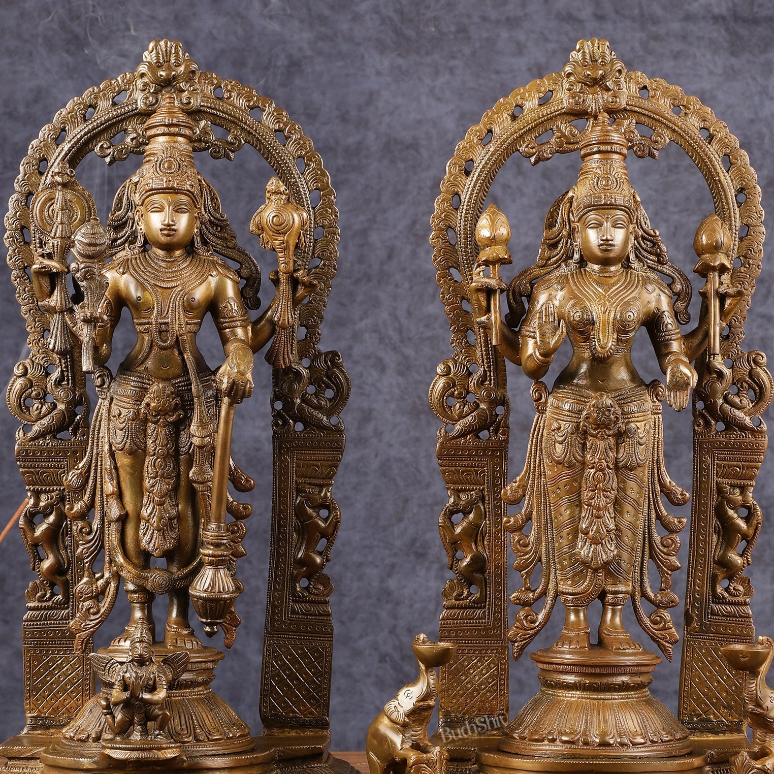 Antique Chola Style Pure Brass Lord Vishnu and Goddess Lakshmi Statues | 16 inch - Budhshiv.com