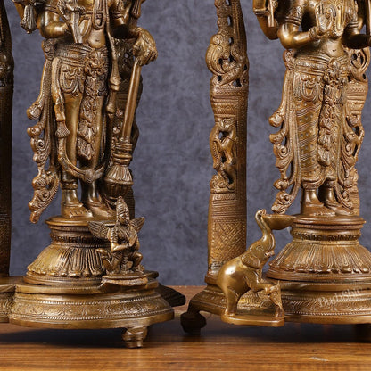 Antique Chola Style Pure Brass Lord Vishnu and Goddess Lakshmi Statues | 16 inch - Budhshiv.com