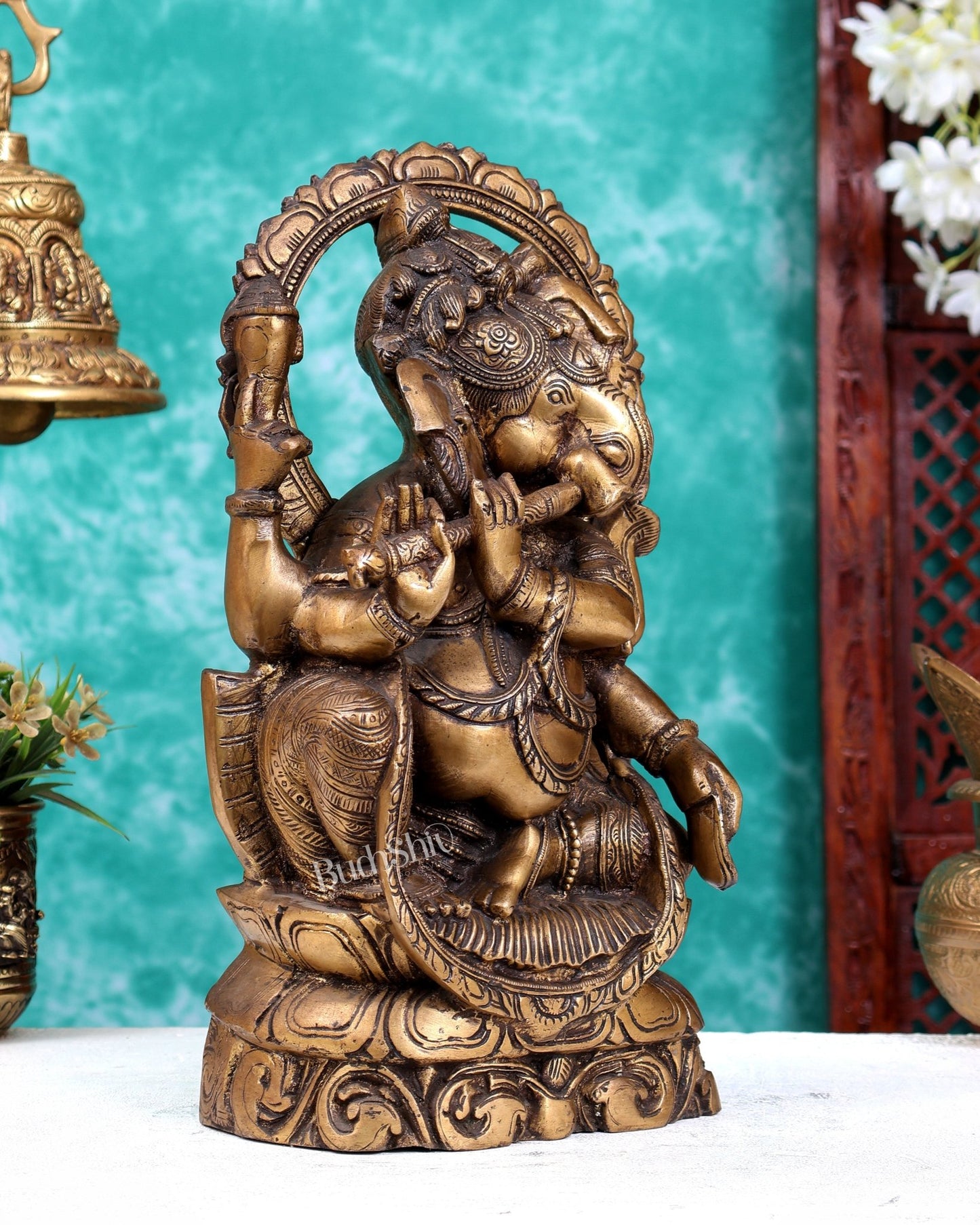 Antique Finish Brass Unique Ganesha Statue Playing Flute 13.1 inch - Budhshiv.com