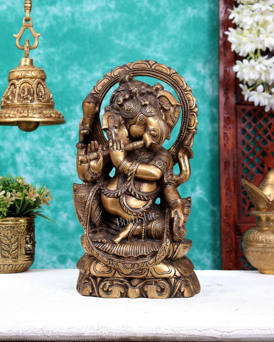 Antique Finish Brass Unique Ganesha Statue Playing Flute 13.1 inch - Budhshiv.com