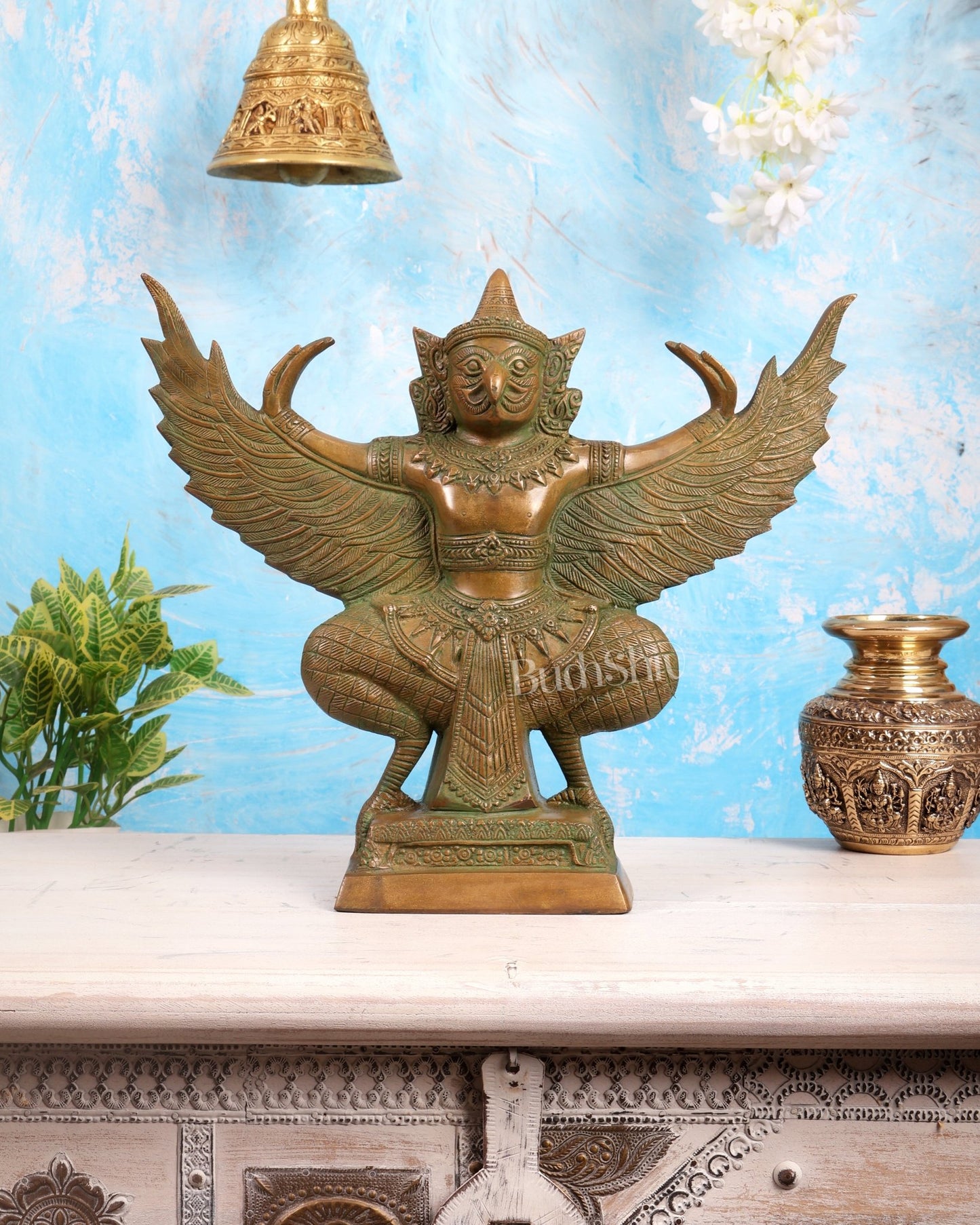 Antique Pure Brass Garuda with Open Wings – 14" green patina tone - Budhshiv.com