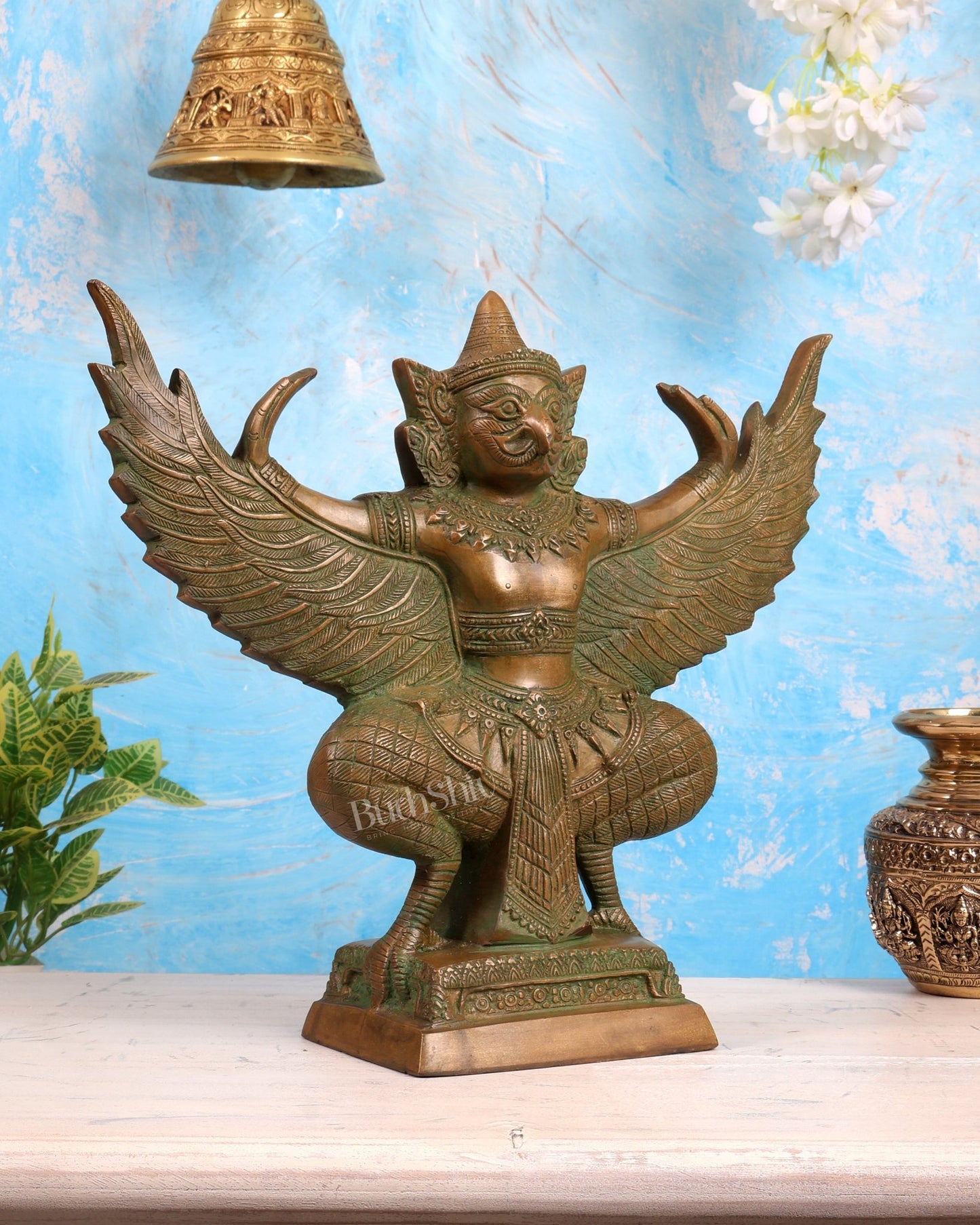 Antique Pure Brass Garuda with Open Wings – 14" green patina tone - Budhshiv.com