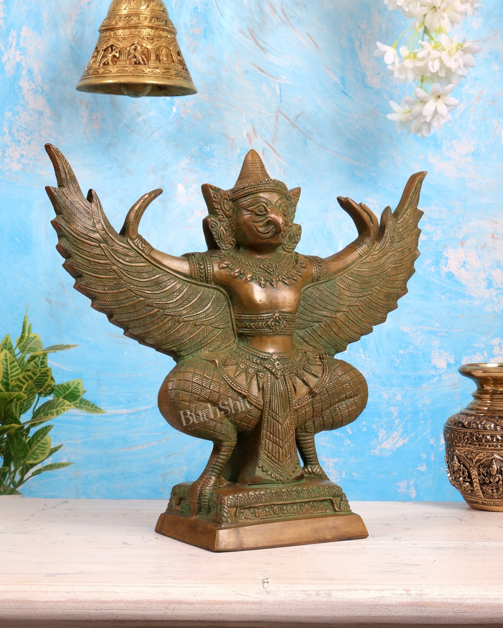 Antique Pure Brass Garuda with Open Wings – 14" green patina tone - Budhshiv.com