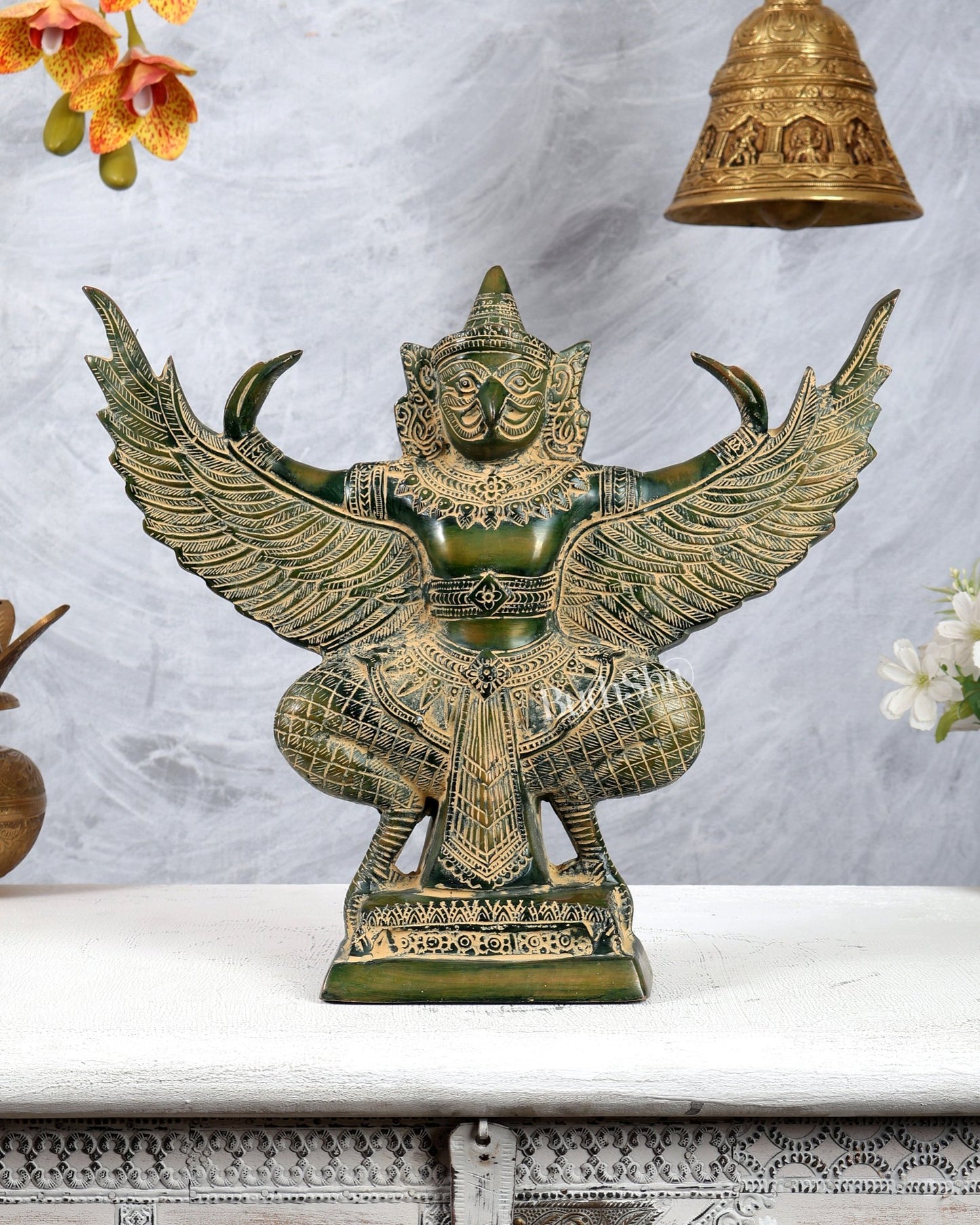 Antique Pure Brass Garuda with Open Wings – 14" henna green - Budhshiv.com